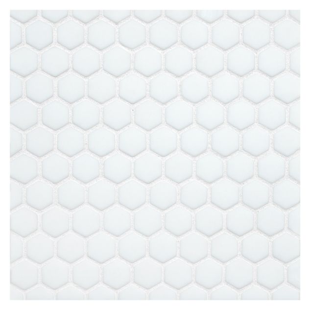 5/8" Mini hexagon glass mosaic in White with a matte finish.