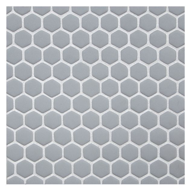 5/8" Mini hexagon glass mosaic in Light Gray with a matte finish.