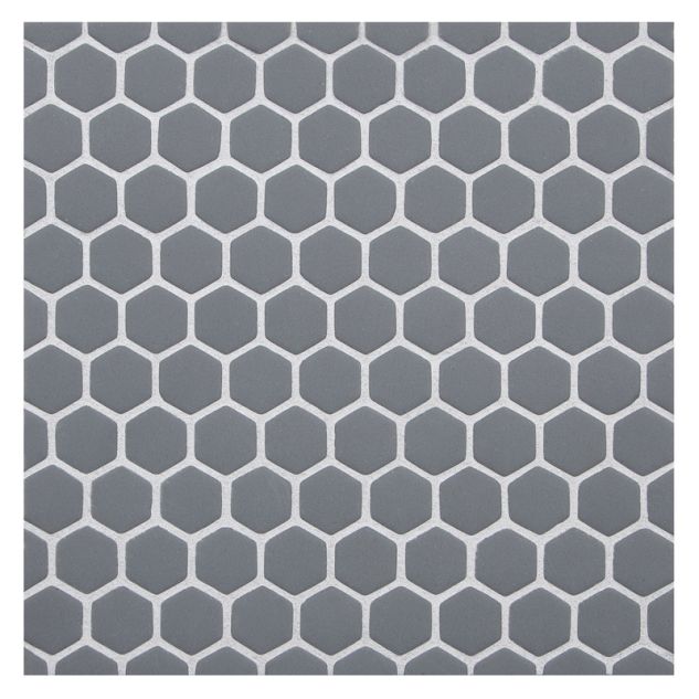 5/8" Mini hexagon glass mosaic in Medium Gray with a matte finish.