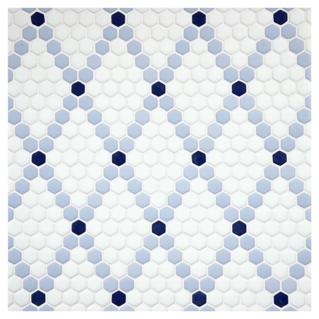 Lantern Lattice glass mosaic in White and Blue with a matte finish.