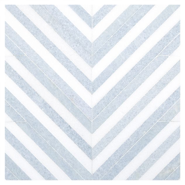 Chevron mosaic pattern in polished Thassos and Celeste Blue marble.