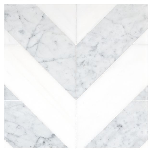 Chevron Solid tile pattern in White Whisp Dolomiti and Carrara marble.