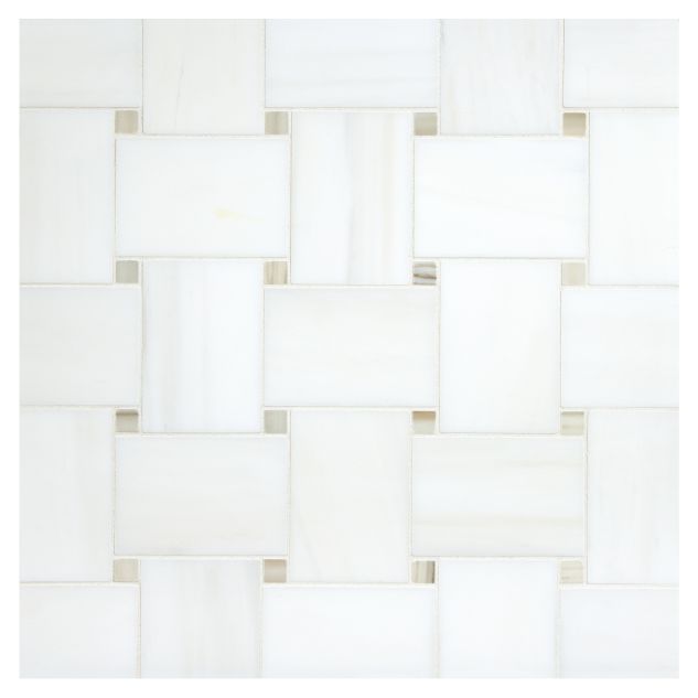 Buff Basketweave marble mosaic made from honed White Whisp Dolomiti and polished linear gold. 