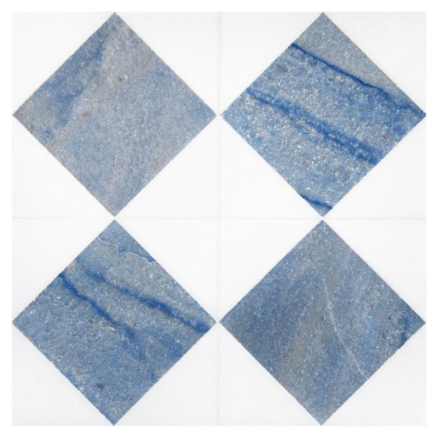 Ehysquare mosaic in honed Thassos and polished Blue Ronse marble, consistent orientation.