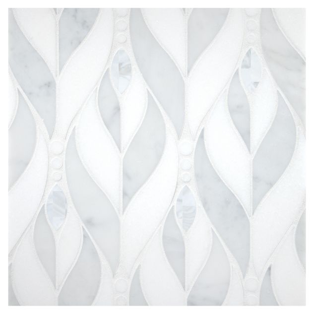 Fleur waterjet mosaic in Thassos and Carrara marble with White Shell accents.