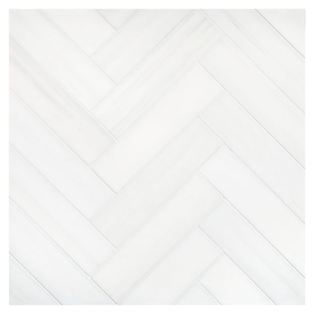 1-1/2" x 6" Herringbone mosaic in honed White Whisp Dolomiti marble.