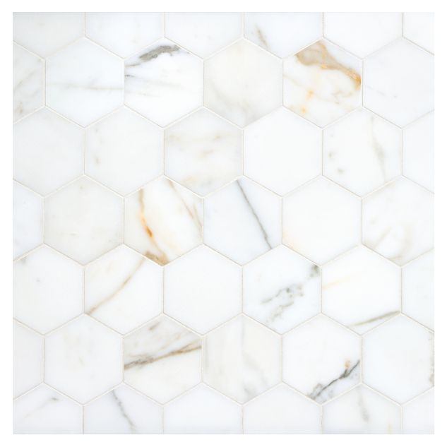 Hexagon Honey 2-1/4" marble mosaic made from honed Calacatta Gold.