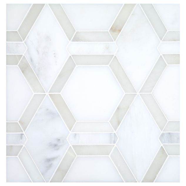 Hexton mosaic tile in Calacatta Gold, White Blossom, and East White marble.