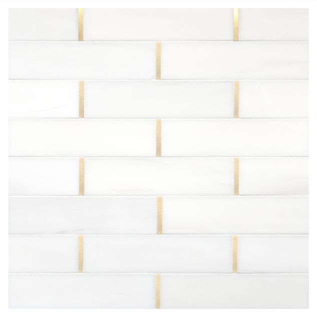 Love of Brass metal mosaic tile in polished White Whisp Dolomiti marble with Brass accents.