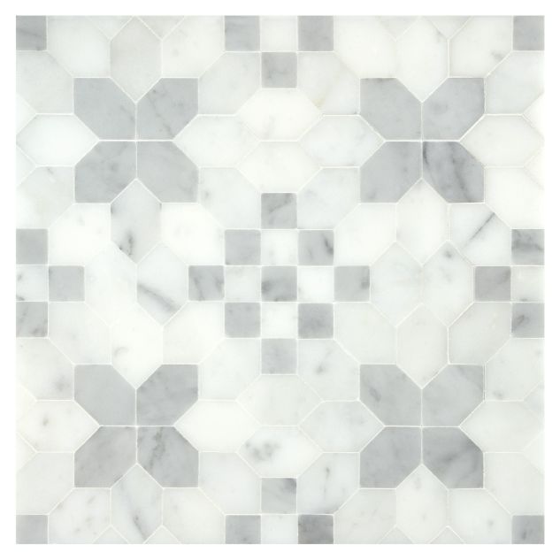 Lucerne mosaic in honed Carrara Claro Light and Carrara Scuro Select marble.