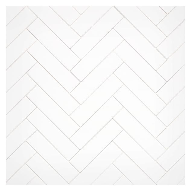 1" x 4" Ultra Flat ceramic Herringbone mosaic tile in glossy White, with White Grout. 