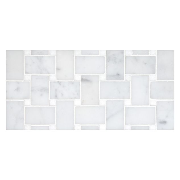 Basketweave mosaic in polished Carrara marble with Thassos dot.