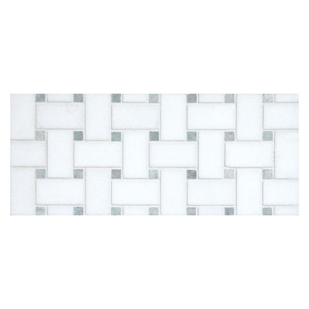 Basketweave mosaic tile in polished Thassos marble with Ming Green dots.