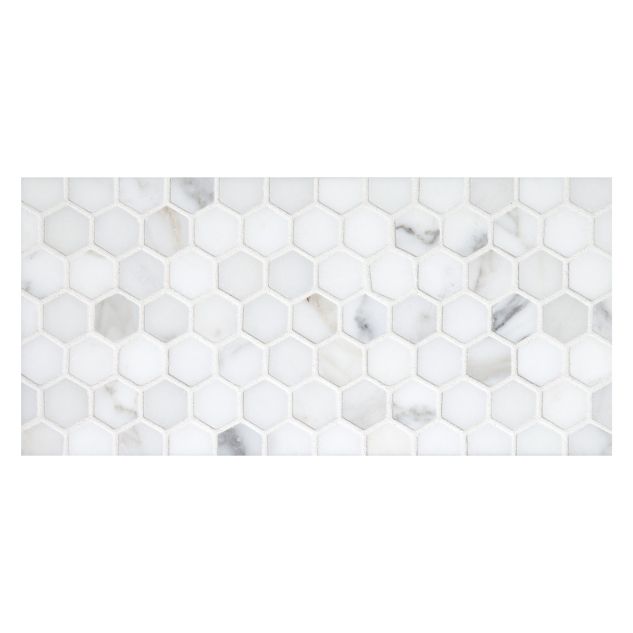 1" Hexagon mosaic tile in polished Calacatta marble.