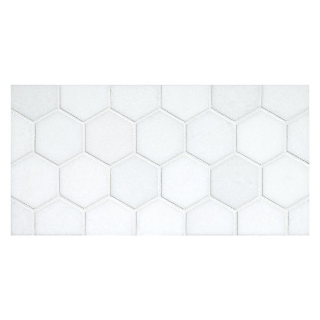 2" Hexagon mosaic in polished Thassos marble.
