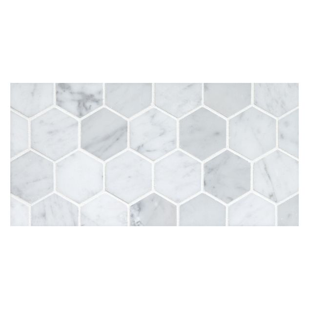 2" Hexagon mosaic in polished Carrara marble.