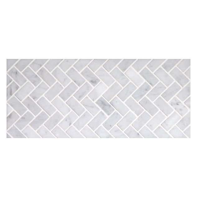 5/8" x 1-1/4" Herringbone mosaic in polished White Carrara marble.