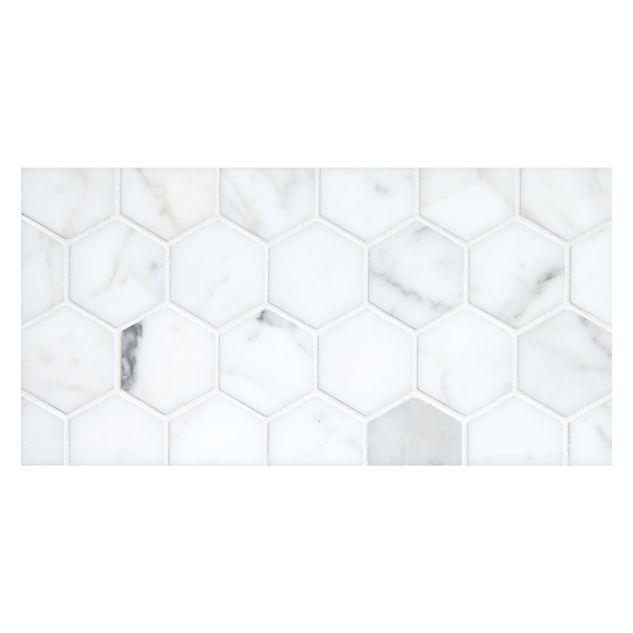 2" Hexagon mosaic in honed Calacatta marble.