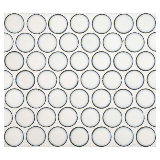 3/4" porcelain penny round mosaic tile in gloss finished Lush White color.
