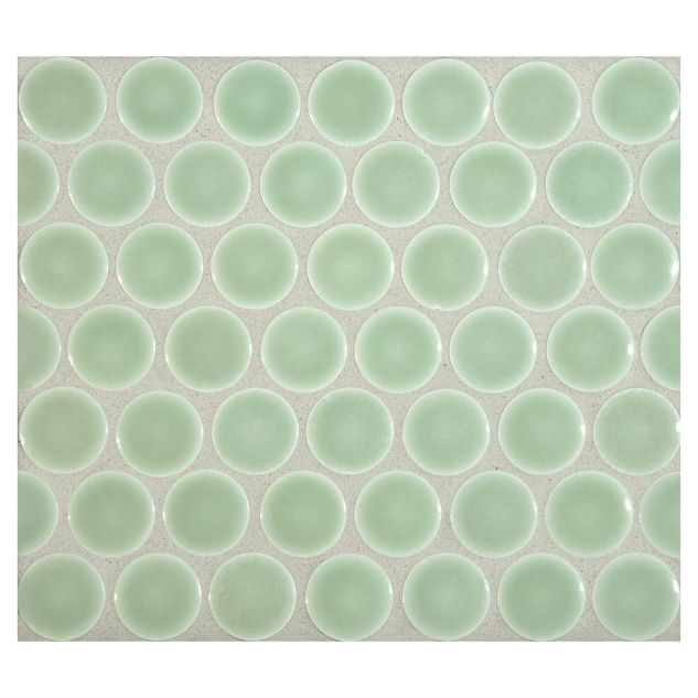 3/4" porcelain penny round mosaic tile in gloss finished Seedling color.