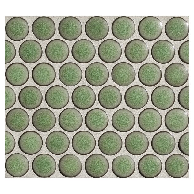 3/4" porcelain penny round mosaic tile in matte finished Green Tea color.