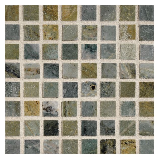 5/8" square mosaic tile in Green Royal Blue and Green Fantasia marble.