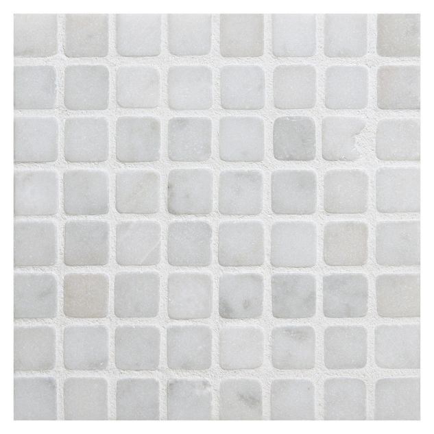 5/8" square mosaic tile in tumbled White Carrara marble.