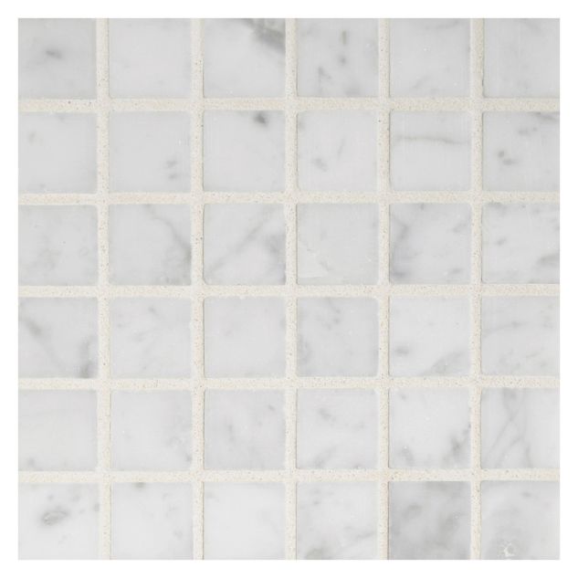 3/4" square mosaic in polished bianco carrara marble.