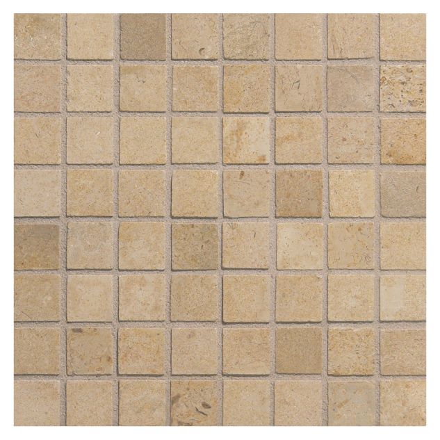 5/8" square mosaic tile in honed Castelo Gold limestone.