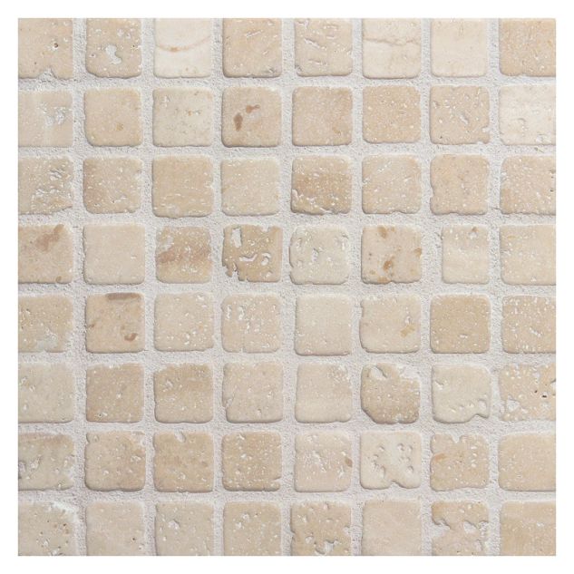 5/8" square mosaic tile in tumbled Perlato travertine.