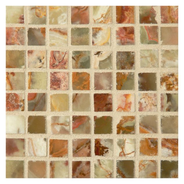 5/8" square mosaic tile in polished Multicolor Pistachio Onyx.