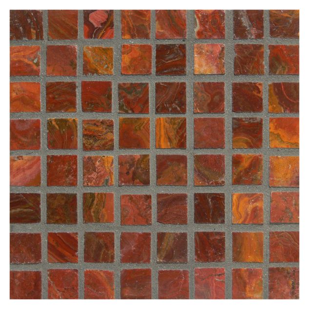 5/8" square mosaic tile in polished Red and Gold Multi onyx.