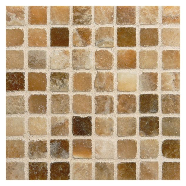 5/8" square mosaic tile in tumbled Caramella onyx.