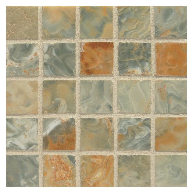 1" square mosaic tile in polished Opaline Azul onyx.