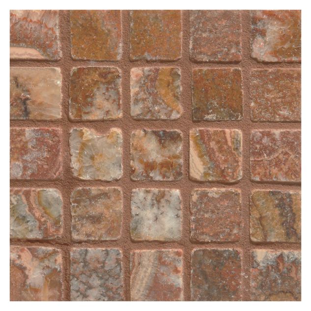 1" square mosaic tile in tumbled Red Sea onyx.