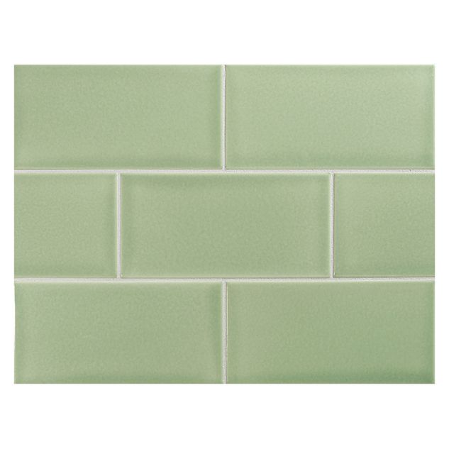 Vermeere 3" x 6" ceramic subway tile in Celeste Green with a gloss finish.