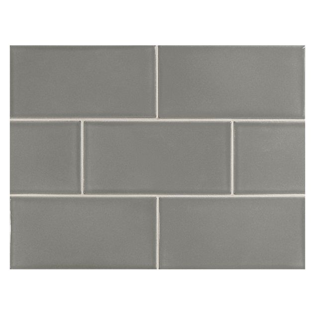 Vermeere 3" x 6" ceramic subway tile in Light Charcoal Grey with a gloss finish.