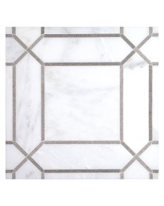 The Astor Square mosaic floor from the Complete Tile Collection is featured in this master bathroom design by Gary Cruz. It is made from honed White Blossom Ultra Premium and polished Cinderella Gray marble. 