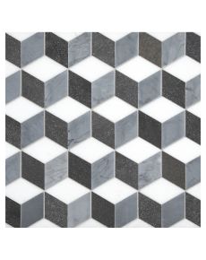 The Optic Cubes mosaic by the Complete Tile Collection is installed on the floor of the bathroom. It is made from honed Thassos and Bardiglio Impresso marble with Basalt.