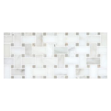 Basketweave mosaic tile in Calacatta Antique marble with Blanc Onyx.