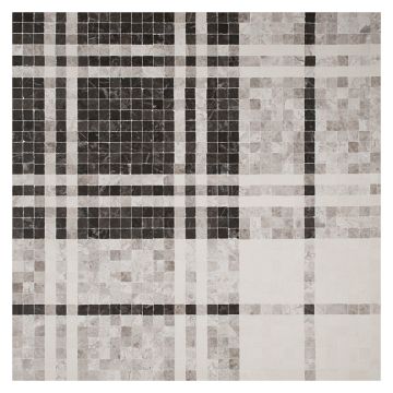 Tartan mosaic tile in honed Cinder Silver, Maronato and Calais Sand marble.