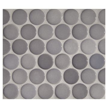 1" porcelain penny round mosaic tile in gloss finished Diamante Gris color.
