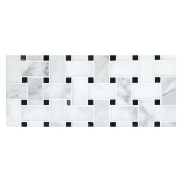 Basketweave mosaic in Calacatta marble with Nero Marquina dot.