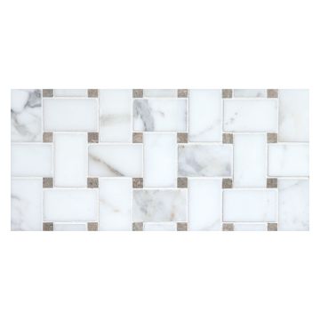 Basketweave mosaic in honed Calacatta marble with Oceanus Green dot.