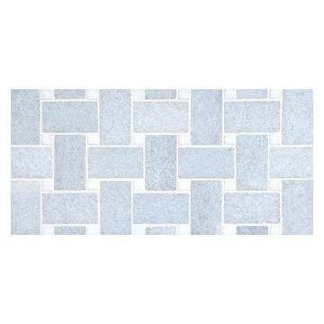 Basketweave mosaic in polished Blue Celeste marble with Thassos dot.