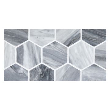 3" hexagon mosaic in polished bardiglio turno marble.