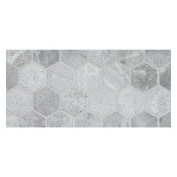 2" Hexagon mosaic tile in honed Gris De Bleu marble.