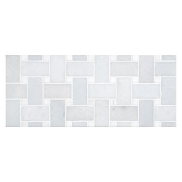 Basketweave mosaic in Blue Caress Light marble with Dolomiti dot.