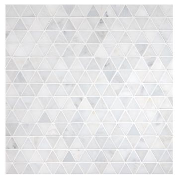 1" Equilateral Triangle mosaic tile in White Whisp Dolomiti and Linear Gold marble.