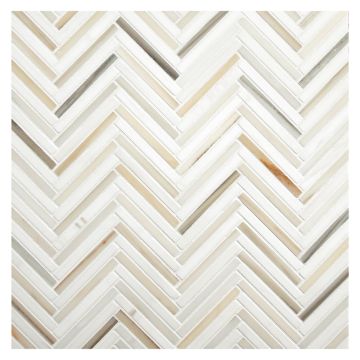 Herringstone mosaic tile in honed dolomiti and polished Linear gold marble.